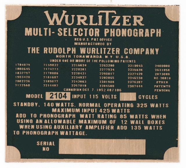 Wurlitzer typeplaatje