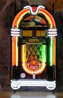 Jukebox Wurlitzer 1015 Neon mit farbig bedrucktem Hintergrund
