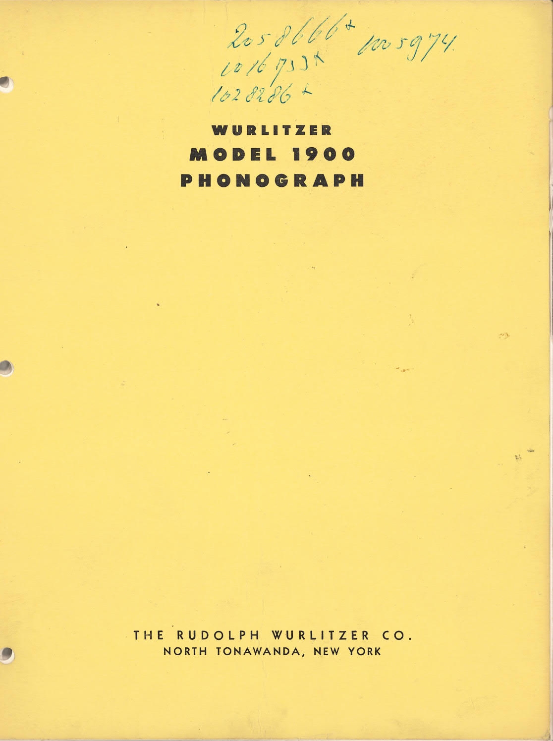 Wurlitzer 1900 series phonograph service manual (looseleaf system 1